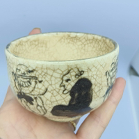 江戶時期至明治早期手繪木米風青花人物哥釉金絲鐵線開片陶胎茶杯