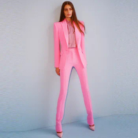 Tesco Pink Blazer And Pants 2 Piece Solid Office Suit For Women Work Wear Elegant Single Button Blazer Sets Party Suit Sets