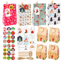 24 Set Christmas Gift Bags and Boxes Xmas Count Down Advent Calendar Package Paper Box Bag House Gift for Merry Christmas Supply