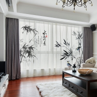 定制新中式中國風綠色竹子水墨畫黑色紗簾臥室客廳書房落地窗簾