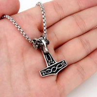 Men's Silver Color Punk Thor hammer sheep Pendant Necklace Stainless Steel Norse Viking Pewter Pendant Necklace Jewelry