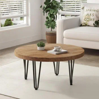 FLYJOE Rustic Wood Round Coffee Table with Metal Legs, Solid Elm Wood Top and Non-Slip Feet Pads-Farmhouse Style for Living Room