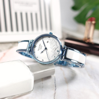 羅梵迪諾 Roven Din / 花漾綻放 立體浮雕 陶瓷不鏽鋼手錶-白藍色/30mm