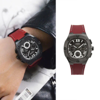 【GUESS】黑框 黑面 三眼日期顯示 圓角方型 酒紅色矽膠錶帶 男錶 手錶 情人節(GW0571G4)