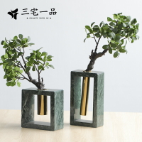 新中式樣板房禪意純天然大理石綠色石材桌面擺件金屬手工藝術花盆