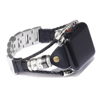 Vintage Leather Stainless Steel Strap for Apple Watch Band 44mm 42mm 38mm 40mm Watch Strap for IWatch Series 6 SE Punk Bracelet