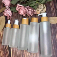 80pcs 100ml 120ml frosted clear glass jar bamboo bottle with lotion spray cap carving wood cosmetic skin care cream 5 oz 3 oz