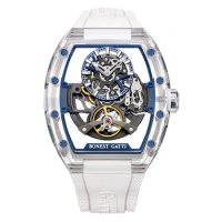 BONEST GATTI Men Luxury Watch 45mm Tonneau Crystal Case Automatic Mechanical Wristwatch Waterproof Luminous Fluororubber Strap
