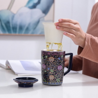 琺瑯彩銀杯子999純銀茶杯陶瓷茶水分離大容量水杯帶蓋過濾辦公杯