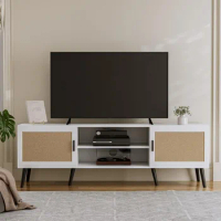 TV cabinet with a capacity of up to 65 inches, modern entertainment center, equipped with wicker doors, shelves, and 2 cabinets