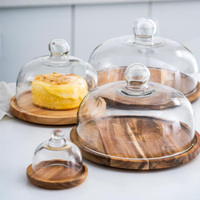 蛋糕玻璃罩展示盤甜品台透明帶蓋木質底托可轉動點心面包實木托盤 全館免運