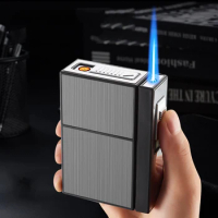 NEW Windproof Metal Cigarette Case Torch Lighter Jet 20PCS USB Rechargeable Gas Lighters Cigarette Holder Box Men Gadgets