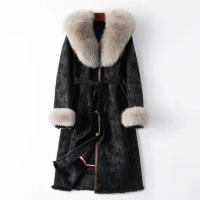 High Quality 2024 Fur one-piece coat for women 2Genuine fur rabbit fur one-piece fox fur collar women's long coat