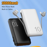 Mini Power Bank 10000mAh Powerbank Built in Cables Portable Charger External Battery Pack For iPhone 14 13 12 Xiaomi 9 Poverbank