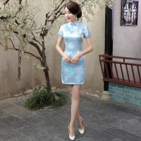 氣質梅花短旗袍 粉藍色復古中國風繡花綢緞短旗袍洋裝 時尚改良中式旗袍 十色可選 S-6XL有加大尺碼-水水女人國