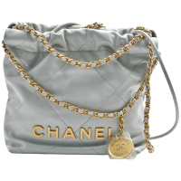CHANEL 經典22系列品牌LOGO大菱格紋亮面小牛皮手提/斜背包(迷你-淡藍色)