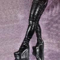 BERZIMER Women Thigh High Boots Platform Wedges Faux Leather Over Knee Boots Ladies Side Zip Shoes Woman Plus Size 37 45 48 52