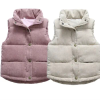 Children Autumn Winter Warm Vest Girls Casual Solid Color Jacket Boys Simple Fashion Collar Thickened Corduroy Waistcoat 3-8Yrs
