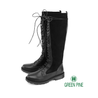 【GREEN PINE】異材質拼接綁帶低跟長靴黑色(00187183)