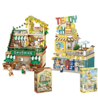 Teddy Bear Building Blocks Coffee House Convenience Store Desktop Decoration Puzzle Assembling Model Toys Birthday Gift for Kids