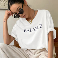 Hirsionsan Balance Letter Printed T-Shirt Women Soft Casual Loose Short Sleeve Summer Cotton Breathable Tshirt Holiday Y2k Tee