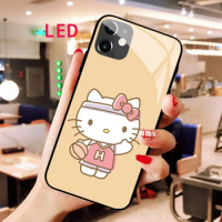 Hello Kitty Luminous Tempered Glass phone case For Apple iphone 12 11 Pro Max XS Acoustic Control Protect LED Backlight cover
