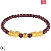 24k pure gold pixiu with beads bracelets for couples 999 yellow gold beans string bracelet 16-22cm garnet beads 6mm