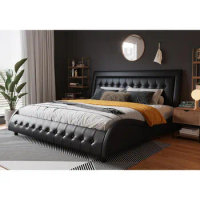 King Size Box-Tufted Platform Bed Frame/Faux Leather Upholstered Bed Frame with Adjustable Headboard/Wood Slat