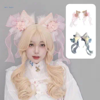 Sweet Students Woman Cat Ear Hairband with Flower&amp;Bowknot Gorgeous Cat Ear Headbands Chinese Hanfu Hair Hoop