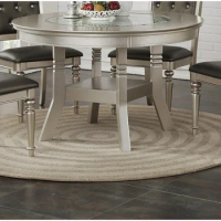 Round Dining Table Silver / Grey Finish Rubber wood Frame Center Glass Top Dinette Table