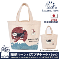 Kusuguru Japan午餐袋 手提包 眼鏡貓 日本限定觀光主題系列 帆布手拿包午餐袋-富士山 &amp; Matilda