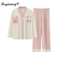 Women Pink Cat Pajama Set Autumn Kimono Style V-neck Lady Cotton Pijamas Casual Long Sleeve Sleepwear for Woman Cute Girl Pajama