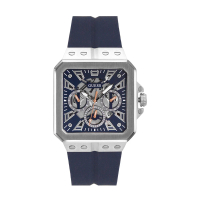 【GUESS】銀框 海軍藍面 三眼日期顯示腕錶 鏤空方形錶盤 海軍藍色矽膠錶帶 手錶 男錶(GW0637G1)
