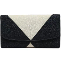 Chic Black White Style Authentic Stingray Skin Women's Long Wallet Genuine Leather Lady Large Card Holders Female Clutch Purse