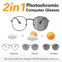 2 In 1 Photochromic Glasses Retro Women Sun Glasses Anti Blue Light Glasses Alloy Glasses Frame UV400 Protection Eyewear