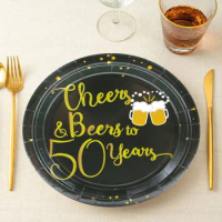 10pcs/Pack 50th Birthday Plates Black and Gold Dessert Buffet Cake Lunch Dinner Plates For 50th Birthday Decorations Party Decor