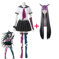 Kostum Cosplay Anime Danganronpa Mioda Ibuki Warna-warni Tanduk Iblis Wig untuk Wanita Karnaval Hall