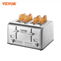 VEVOR Retro Stainless Steel Toaster 4 Slice 1625W 1.5Inch Extra Wide Slots Toaster with Removable Crumb Tray 6 Browning Level