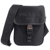 PRADA 黑色尼龍繡字標皮邊直立小型斜背包