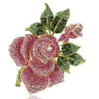 Zlxgirl Big Size Rose Flower Brooch pins For Women Christmas Gifts Pink Bud Leaf Crystal Brooch Perfect enamel Hijab Accessories