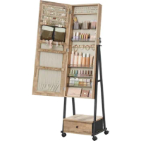 SONGMICS Jewelry Cabinet Floor Standing, Lockable Jewelry Organizer with High Full-Length Mirror, Bottom Drawer, Shelf, Wheels,