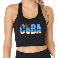 Beach Scenery In Outline Of Cuba Text Graphics Design Sexy Slim Fit Crop Top Women's Holiday Style Pretty Tank Tops