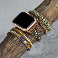 Natural Stone Black Labradorite Apple Watch Band BOHO Wax Rope 5 Wrap Apple Watch Strap Wholesale&amp;Dropshipping