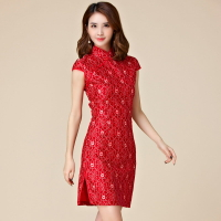 灰姑娘[9882-JK]時尚紅色蕾絲旗袍中國風格中款短袖洋裝~禮服~