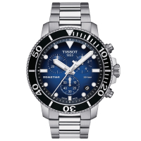 Tissot 天梭Seastar系列 海星300三眼計時潛水腕錶-45mm/漸層藍鋼帶