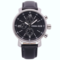 FOSSIL 美國最受歡迎頂尖運動時尚三眼計時皮革腕錶-銀+黑-BQ1006