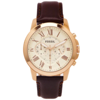 【FOSSIL】羅馬優雅風計時皮革錶帶手錶-淡黃金色面/44mm(FS4991)
