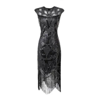 Roaring 1920s Great Gatsby Dress O-Neck Sleeveless Beaded Sequin Tassel Party Dress Classic Little Black Dress Flapper Costumes