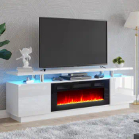 Fireplace TV Stand with Fireplace, Modern High Gloss Fireplace Entertainment Center LED Lights, 2 Tier TV Console Cabinet