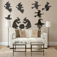 12PCS Acrylic Witch Ghost Mirror Wall Stickers Removable Halloween Party Black Witch Hat Art Wall Decals Mural Home Decoration